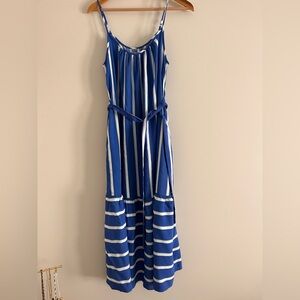 Destination 365 Stripe Sleeveless Dress Belt Cobalt Blue White Small Ruffle Midi